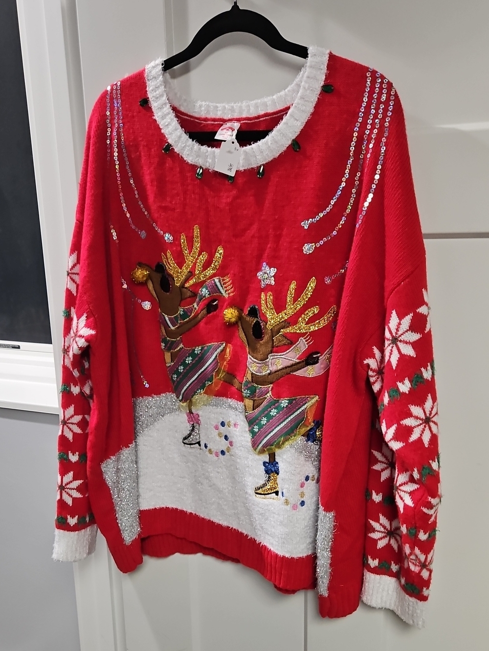 Holiday Time Red Reindeer Sequin Sweater with White Trim